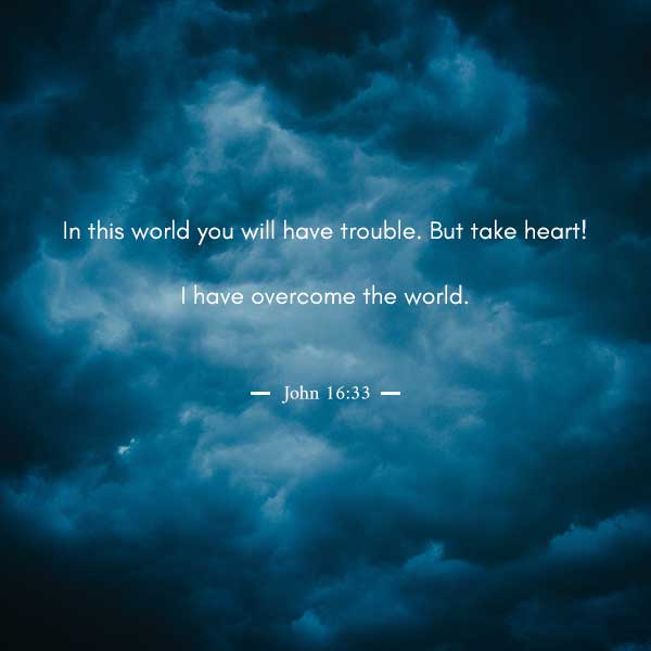 In this world you will have trouble. But take heart, I have overcome the world - John 16:33