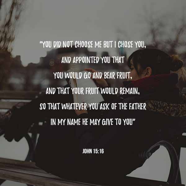 You did not choose me but I chose you, and appointed you that you would go and bear fruit, and that your fruit would remain, so that whatever you ask of the Father in My Name He may give it to you - John 15:16