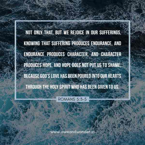 Not only that, but we rejoice in our sufferings knowing that suffering produces endurance, and endurance produces character, and character produces hope, and hope does not put us to shame because God's love has been poured into our hearts through the Holy Spirit who has been given to us. - Romans 5:3-5