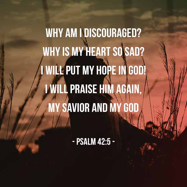 Why, my soul, are you downcast? Why so disturbed within me? Put your hope in God, for I will yet praise him, my Savior and my God. - Psalm 42:5