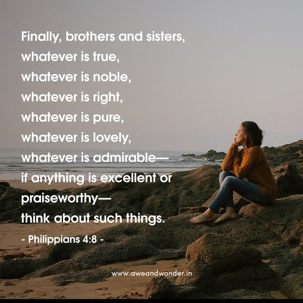 Finally, brothers and sisters, whatever is true, whatever is noble, whatever is right, whatever is pure, whatever is lovely, whatever is admirable—if anything is excellent or praiseworthy—think about such things. - Philippians 4:8 New International Version (NIV)