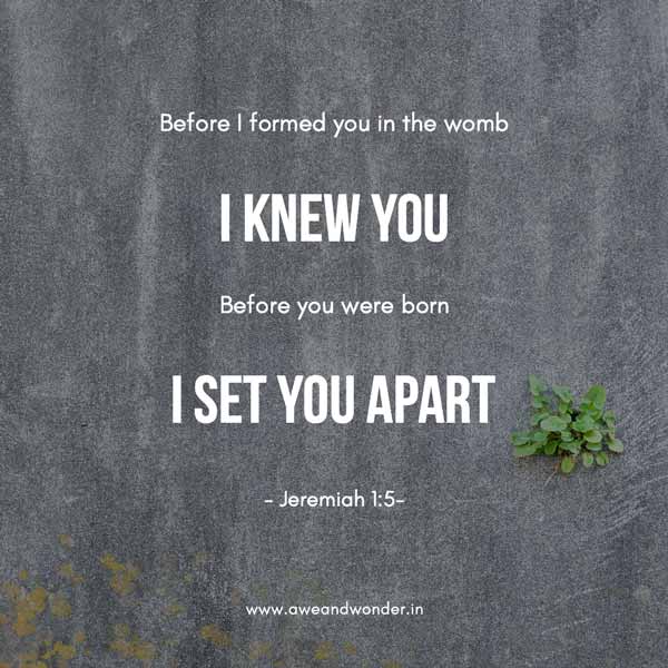 "Before I formed you in the womb I knew you, before you were born I set you apart; I appointed you as a prophet to the nations." - Jeremiah 1:5