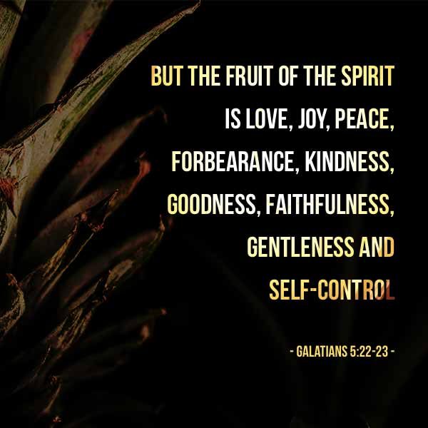But the fruit of the Spirit is love, joy, peace, forbearance, kindness, goodness, faithfulness, gentleness and self-control. - Galatians 5:22-23